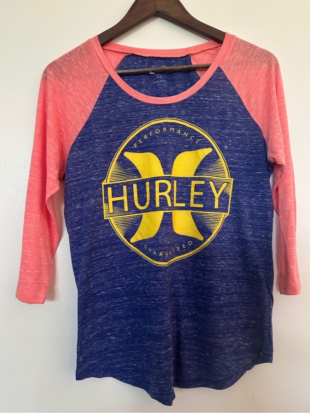 Hurley Blue Tee with Coral Raglan Sleeves and Yellow Logo